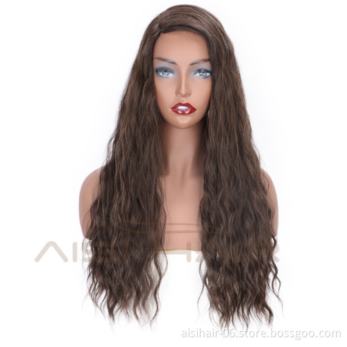 Aisi Hair Brown Color Lace Part Heat Resistant Synthetic Hair Wigs with Bangs Long Wavy Side Part Wigs for Black Women